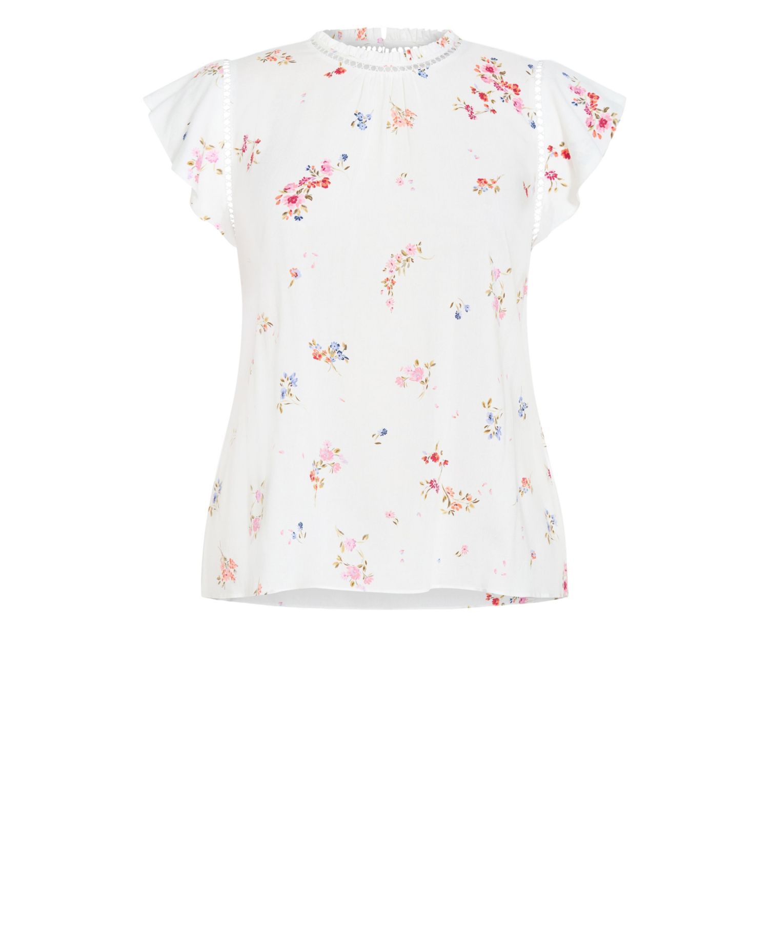 Plus Size Fleur Petal Print Top with Frilled-Crew Neckline and Short Flutter Sleeves