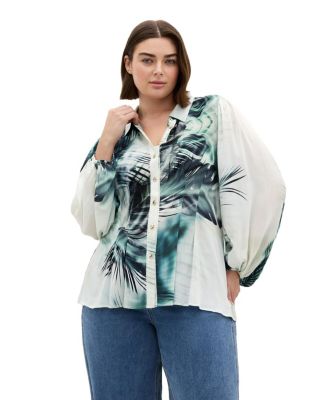 Plus Size Piper Palm Print Collared Long-Sleeve Relaxed-Fit Shirt