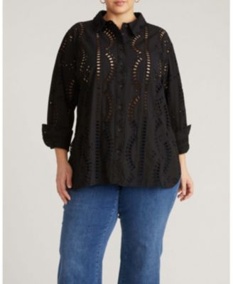 Plus Size Oversized Embroidered Eyelet Long-Sleeve Button-Down Shirt
