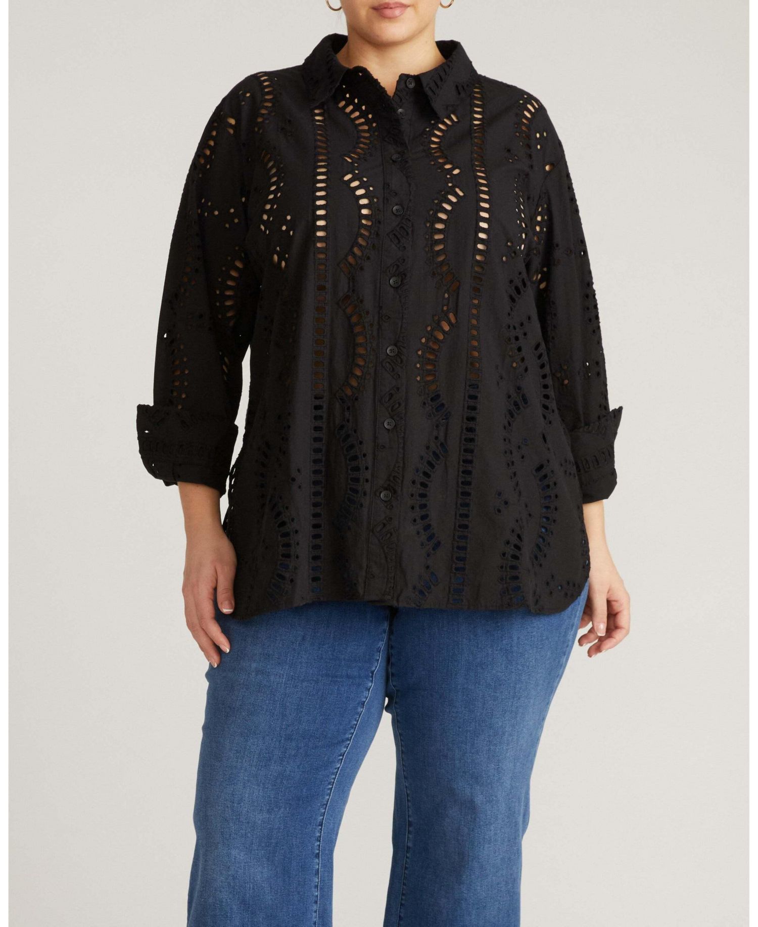 Plus Size Oversized Embroidered Eyelet Long-Sleeve Button-Down Shirt