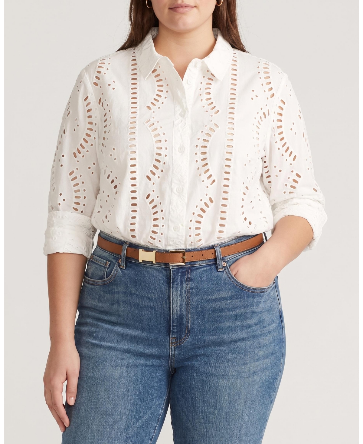 Universal Standard Plus Size Oversized Embroidered Eyelet Long-Sleeve Button-Down Shirt - White