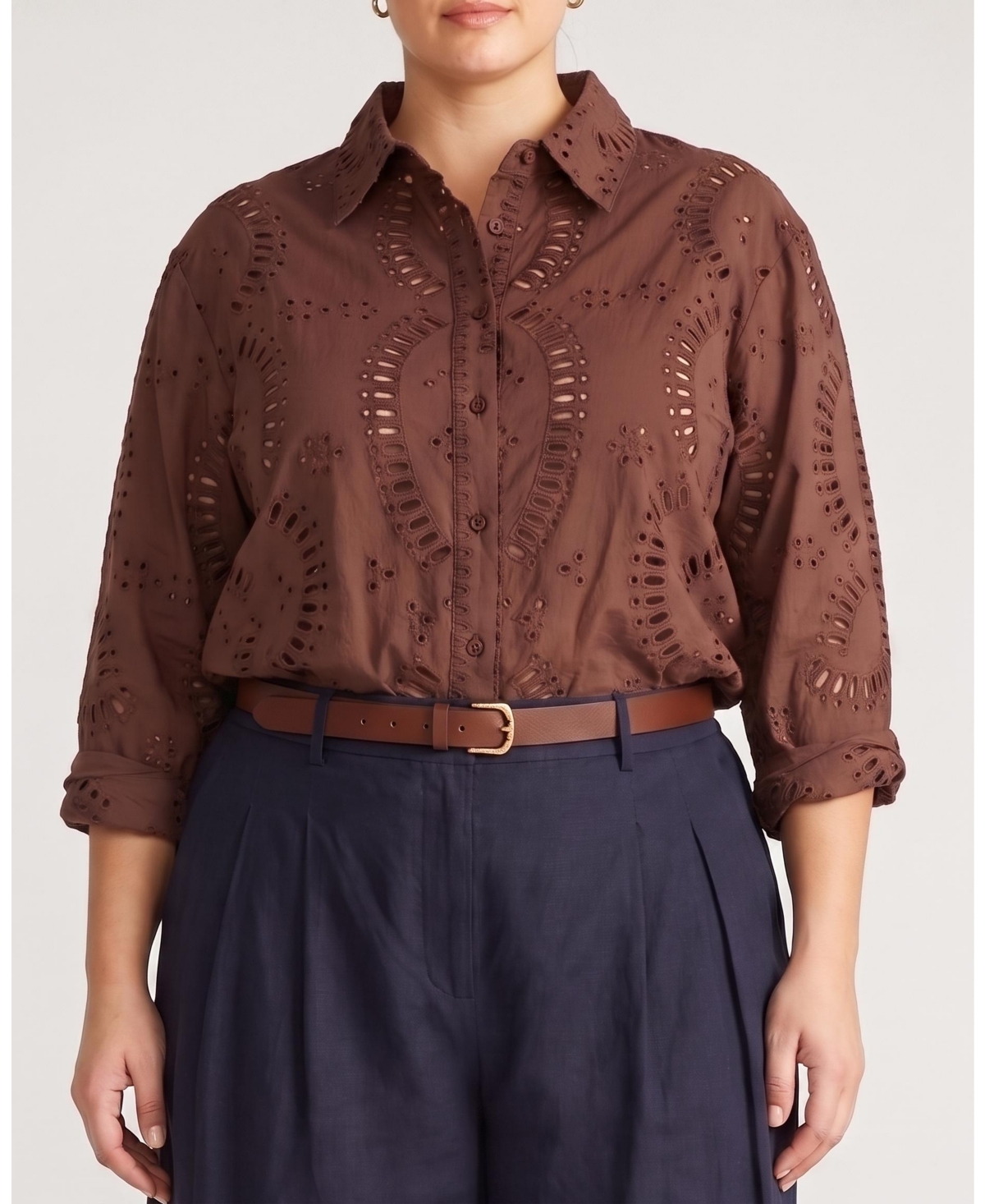 Universal Standard Plus Size Oversized Embroidered Eyelet Long-Sleeve Button-Down Shirt - Peppercorn