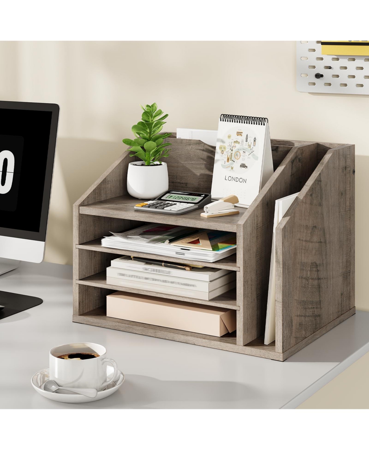 Danrong Rustic Brown Wooden Desk Organizer Adjustable Partitions Multi Layer Desktop File Holder