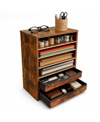 Brown Wooden 6 Tier Adjustable Desk Organizer With 2 Drawers For Home Office Classroom