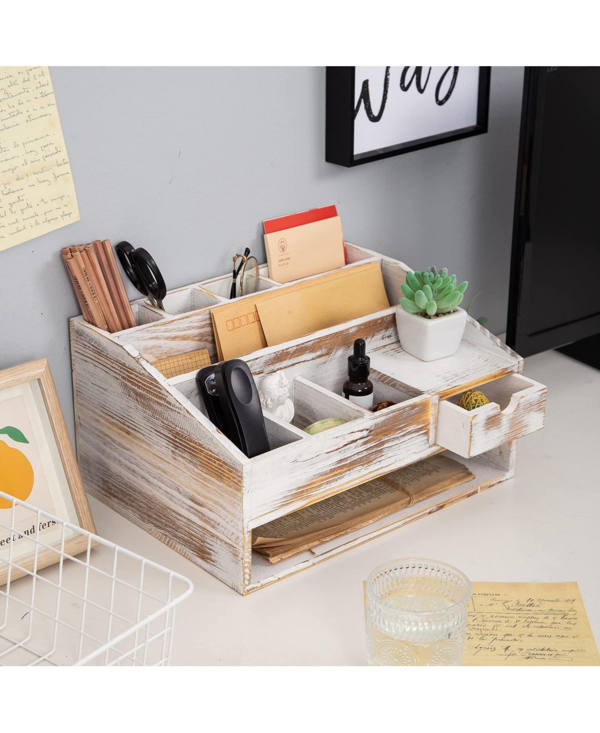 Danrong Rustic Wood Desktop Organizer Multifunctional Office Home Storage