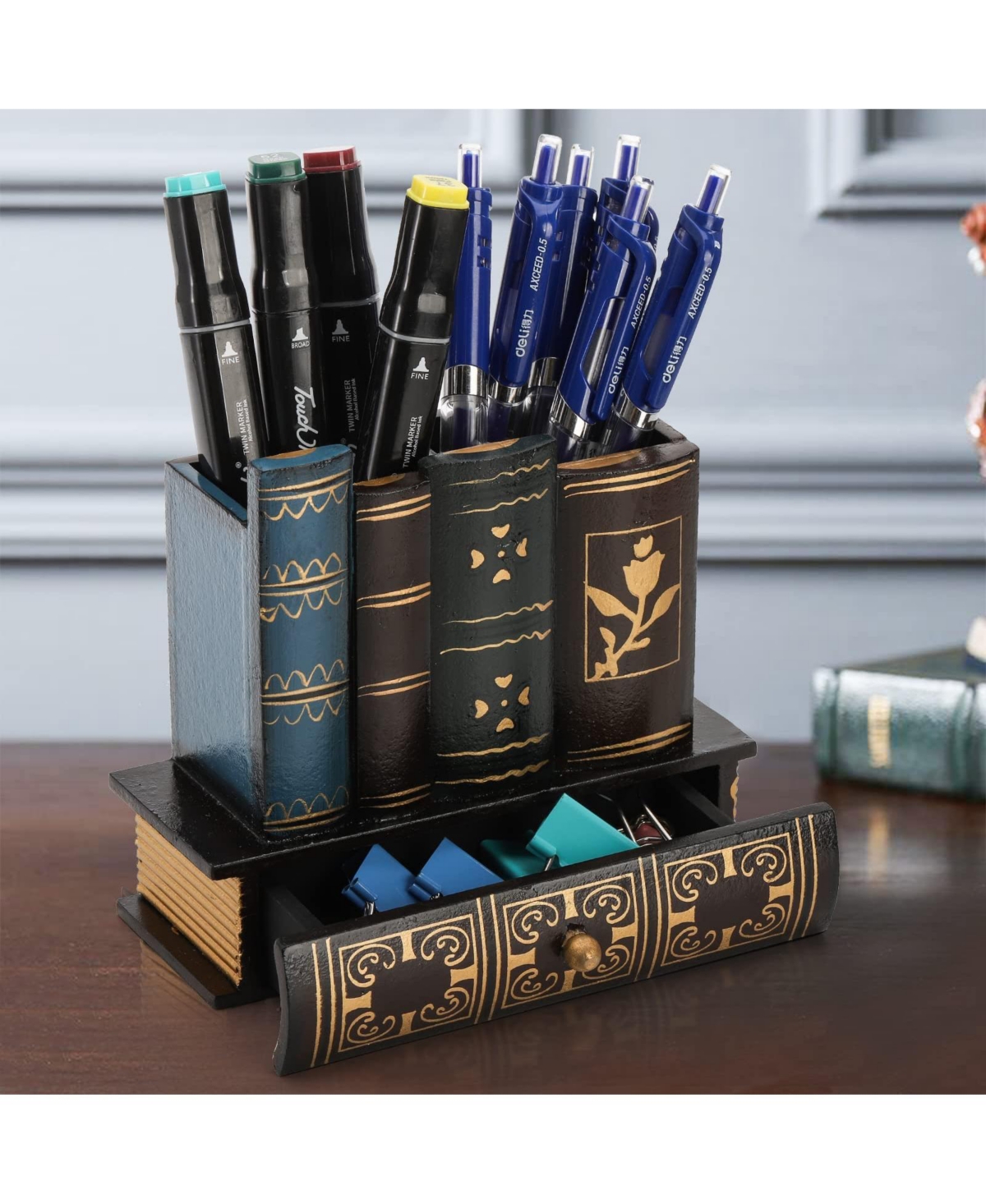 Danrong Wooden Library Book Design Pen Holder With Drawer Desk Organizer
