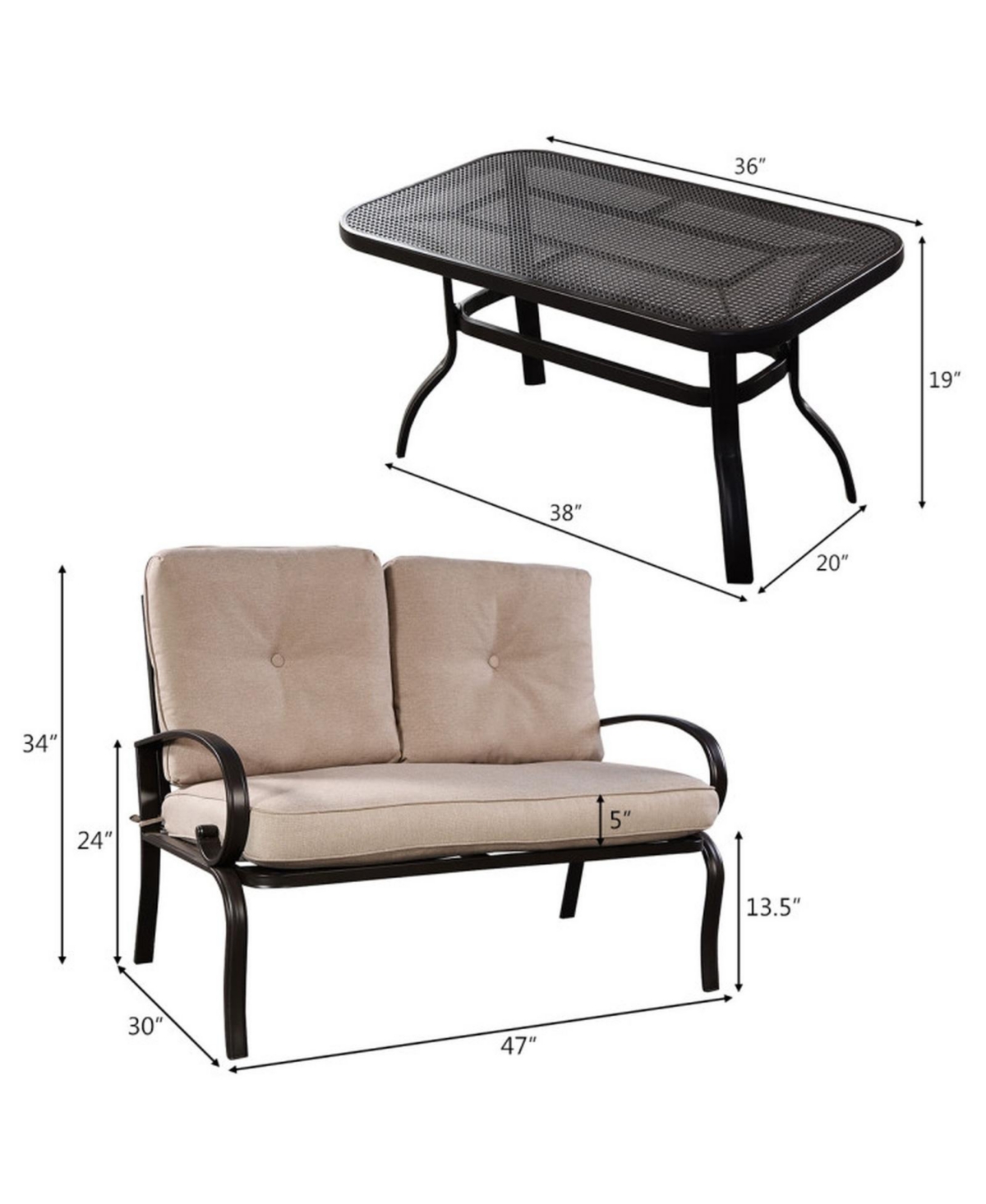 Sugift 2-Piece Outdoor Cushioned Loveseat and Coffee Table Set