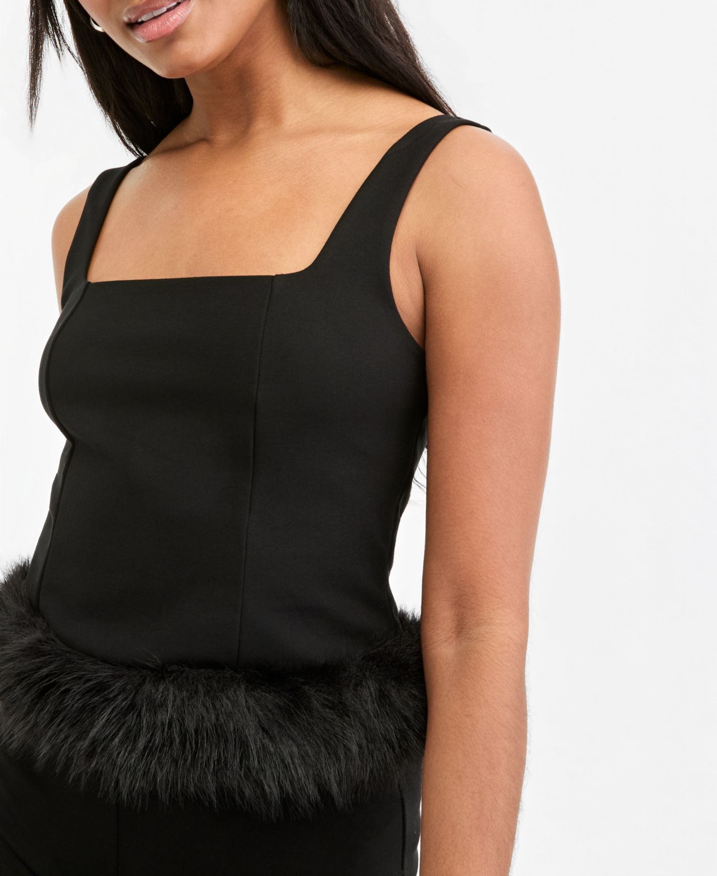 Женский топ Bar III Square Neck Faux Fur-Trim Sleeveless Camisole, цвет: Чёрный — фото 3