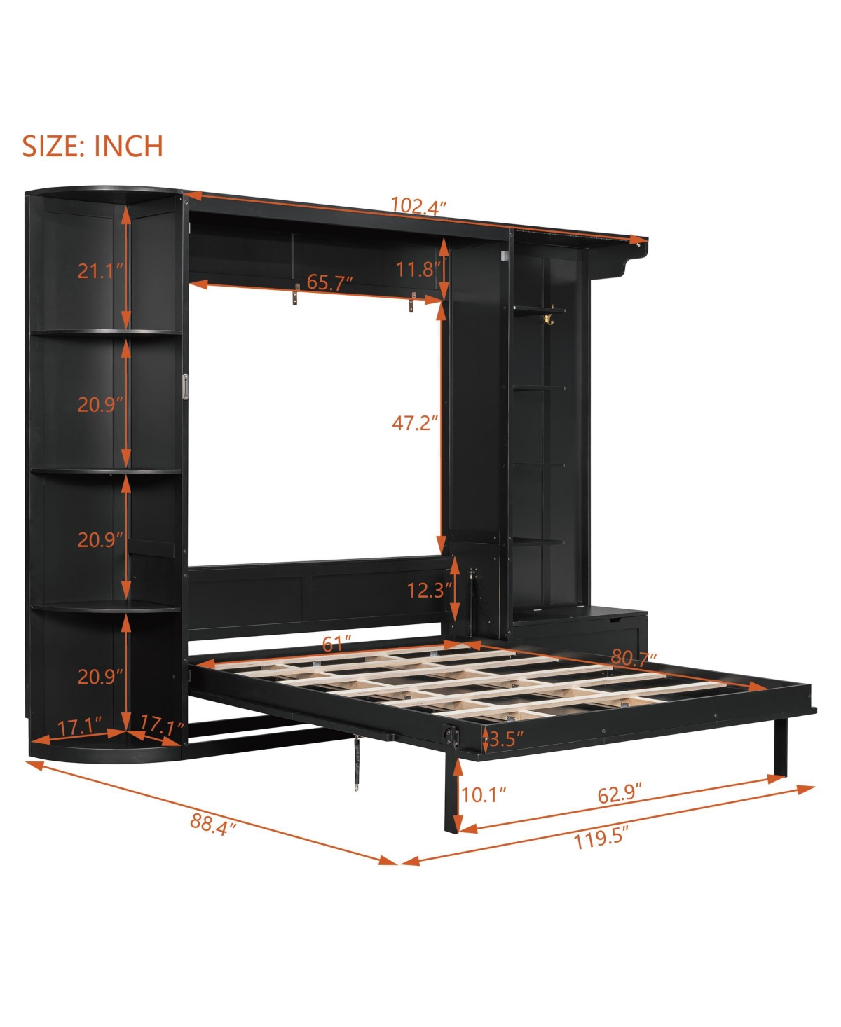 Clihome Queen Murphy Bed with Storage and Lights, Hidden Fold-Out Legs, Oak Veneer Finish, Built-in Shelves Cabinets