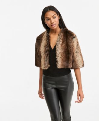 Women's Cropped 3/4-Sleeve Faux Fur Jacket