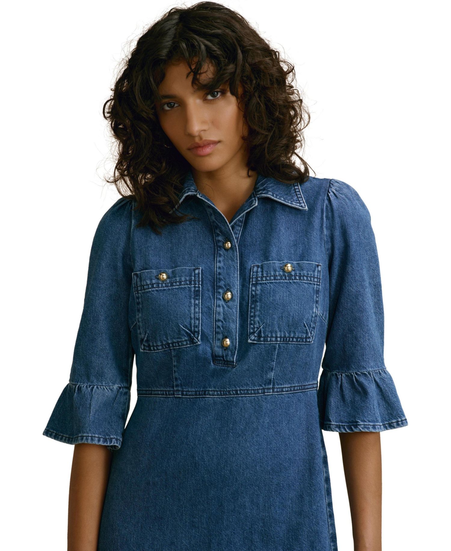 Women's Denim Ruffle-Hem Midi Shirt Dress