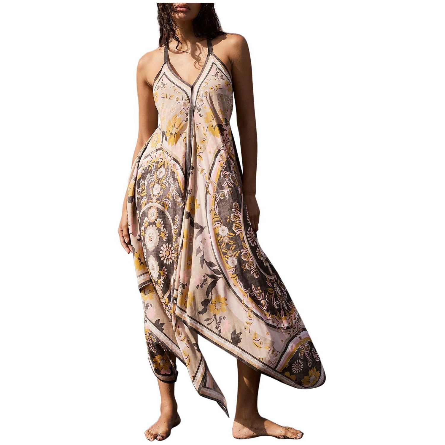 Women's Desert Bloom V-Neck Floral-Print Handkerchief Hemline Maxi Dress