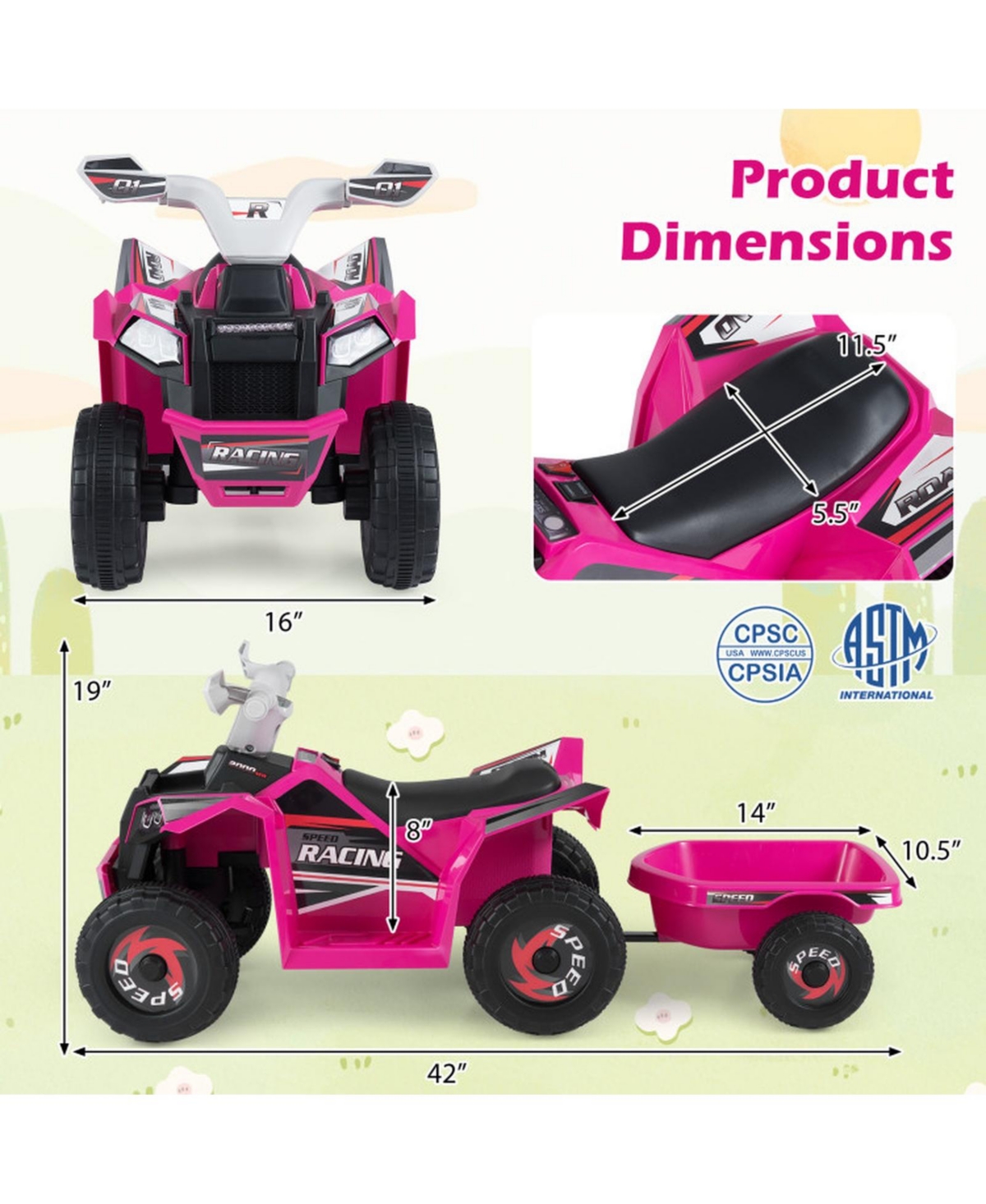 Hongge 6V Electric Atv Quad 2-in-1 with Detachable Cargo Trailer, 66 lbs Capacity, Ages 3+