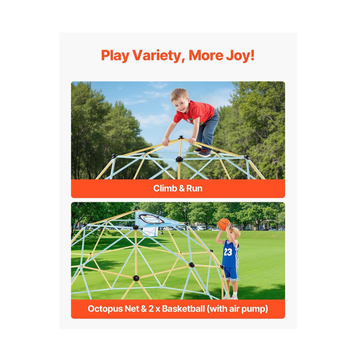 Slickblue Kids Climbing Dome with Basketball Hoop and Octopus Net, 120" x 120" x 60", 1000 lb. Capacity, Ages 3-10