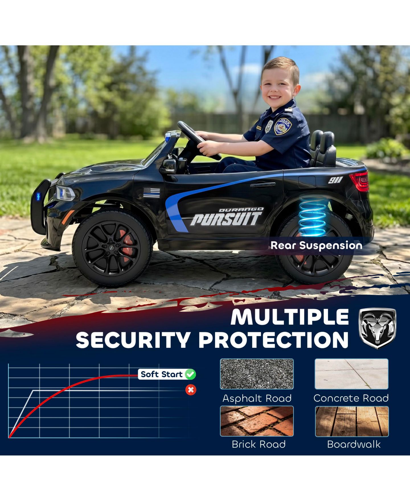 Детская игрушка Qaba 12V Licensed Dodge Ride On Police Car with 2 Seater for Age 3-6, цвет: Чёрный — фото 7