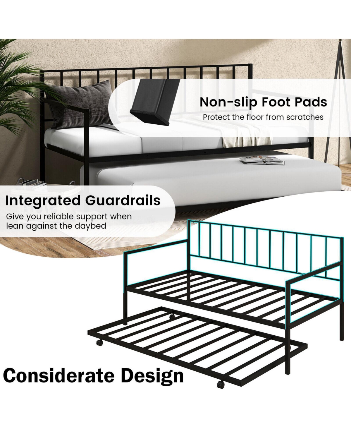 Mecale Twin Daybed with Roll-Out Trundle, Metal Sofa Bed Frame Set