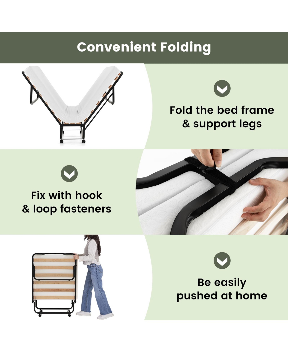 Mecale Twin Folding Rollaway Bed with 4 in Foam Mattress, Lockable Wheels