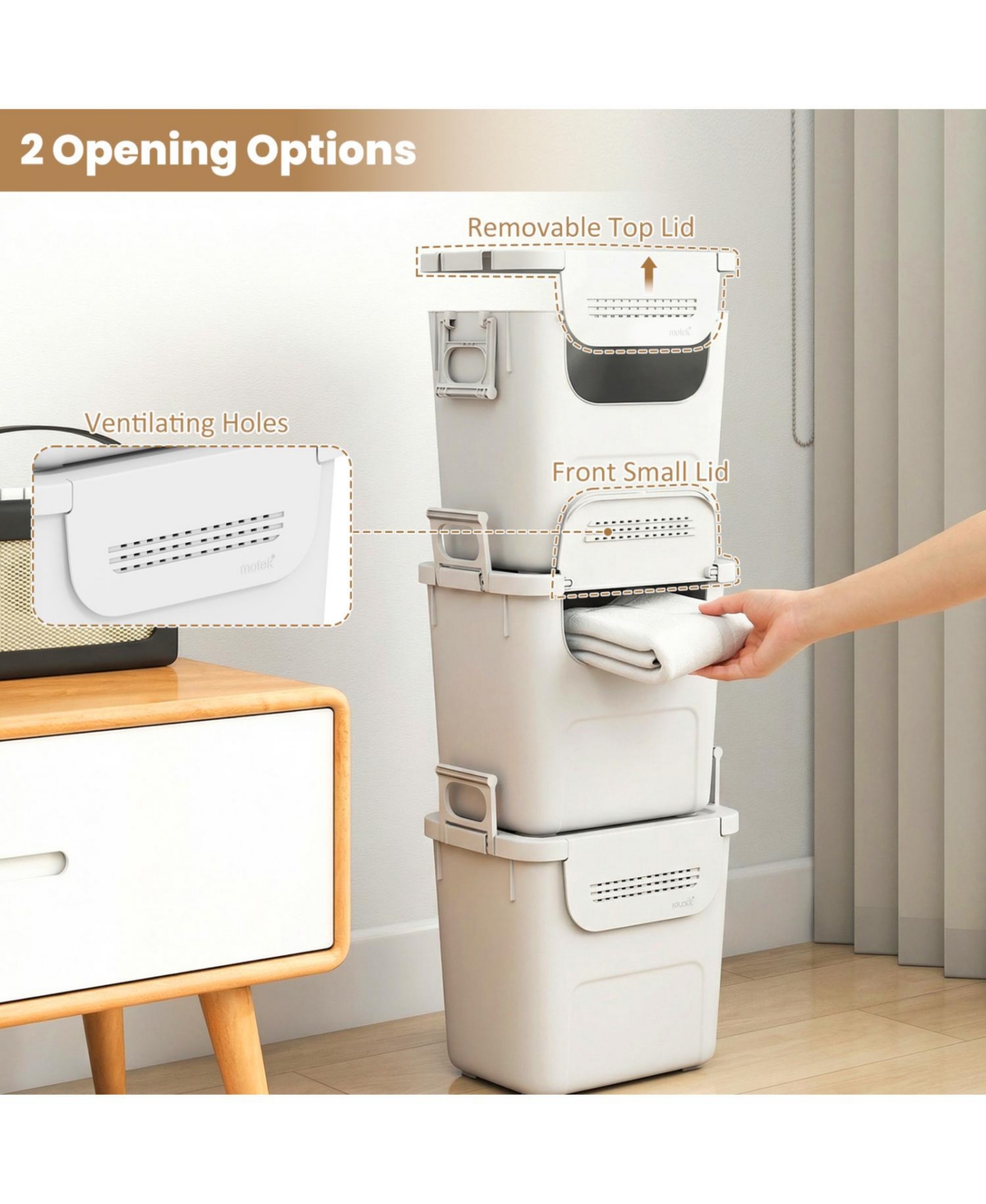 Volenca 3-Piece Stackable Plastic Storage Bins with Stay-Open Lids and Wheels