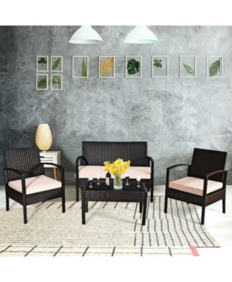 4-Piece Patio Rattan Conversation Set with Loveseat 2 Chairs and Coffee Table