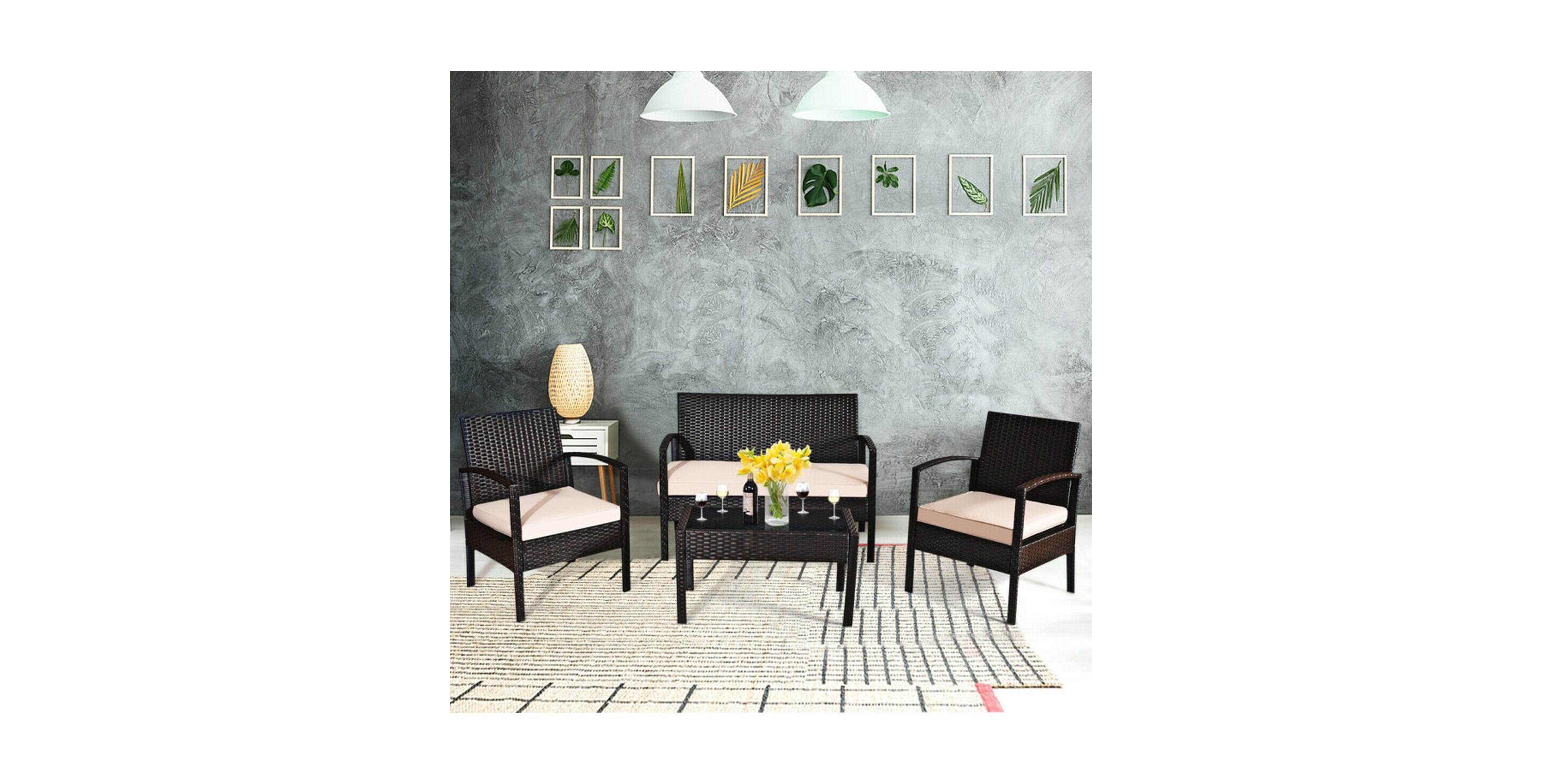Sugift 4-Piece Patio Rattan Conversation Set with Loveseat 2 Chairs and Coffee Table