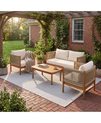 4-Piece Rope Outdoor Patio Conversation Set with Acacia Wood Frame and Cushions