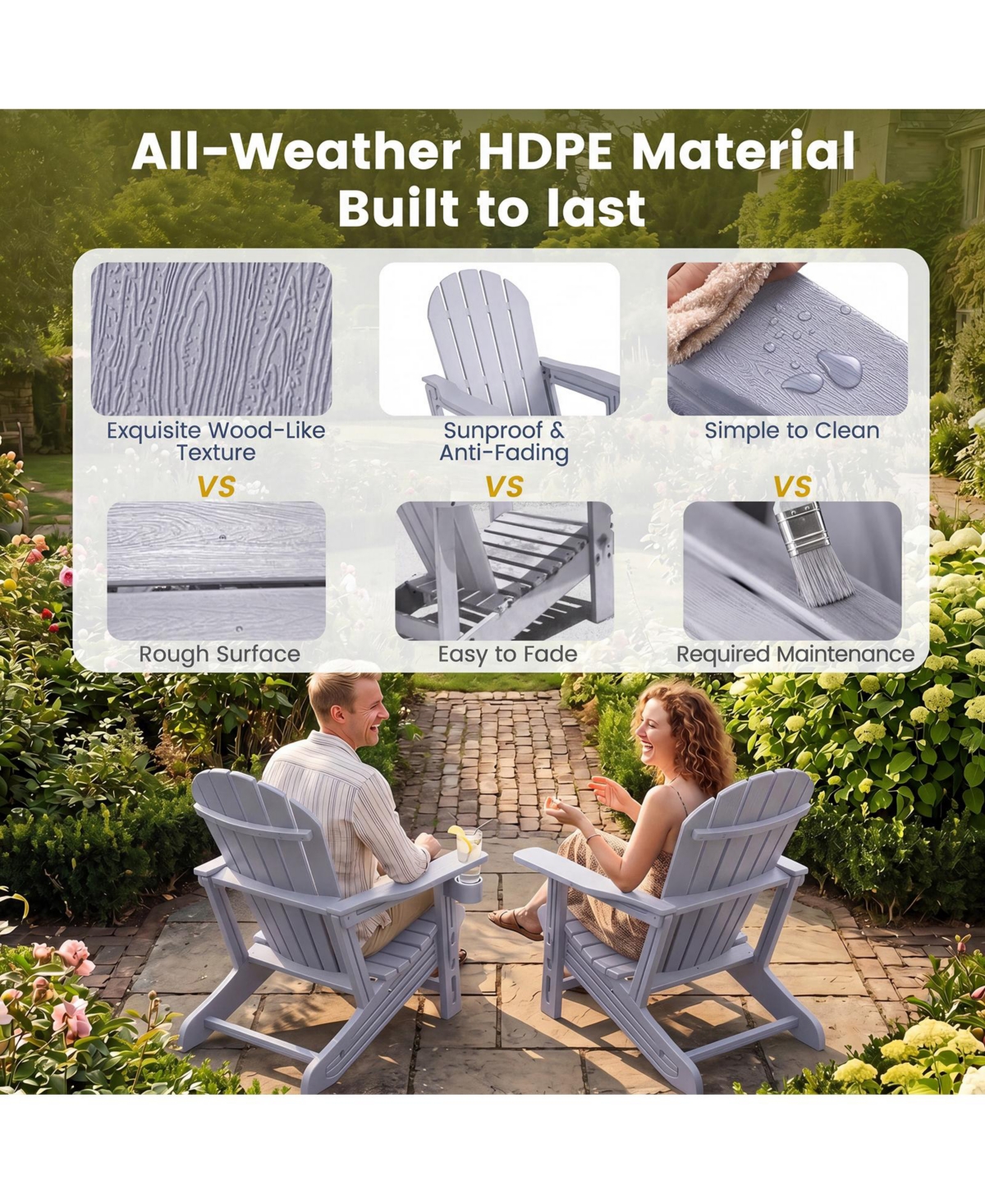 Gymax Adirondack Chair Set of 2 Hdpe All-Weather Fire Pit Chairs with Cup Holder
