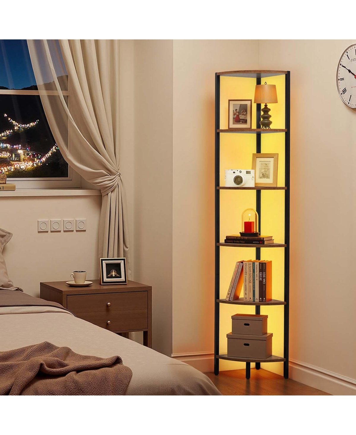 Slickblue Tall Corner Bookshelf with Led Lighting, 6 Tier Storage Display Shelf for Living Room and Office