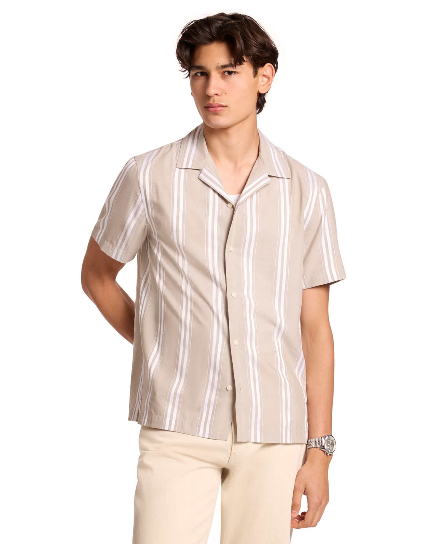 Men's Camp Collar Striped Short-Sleeve Modal-Blend Shirt