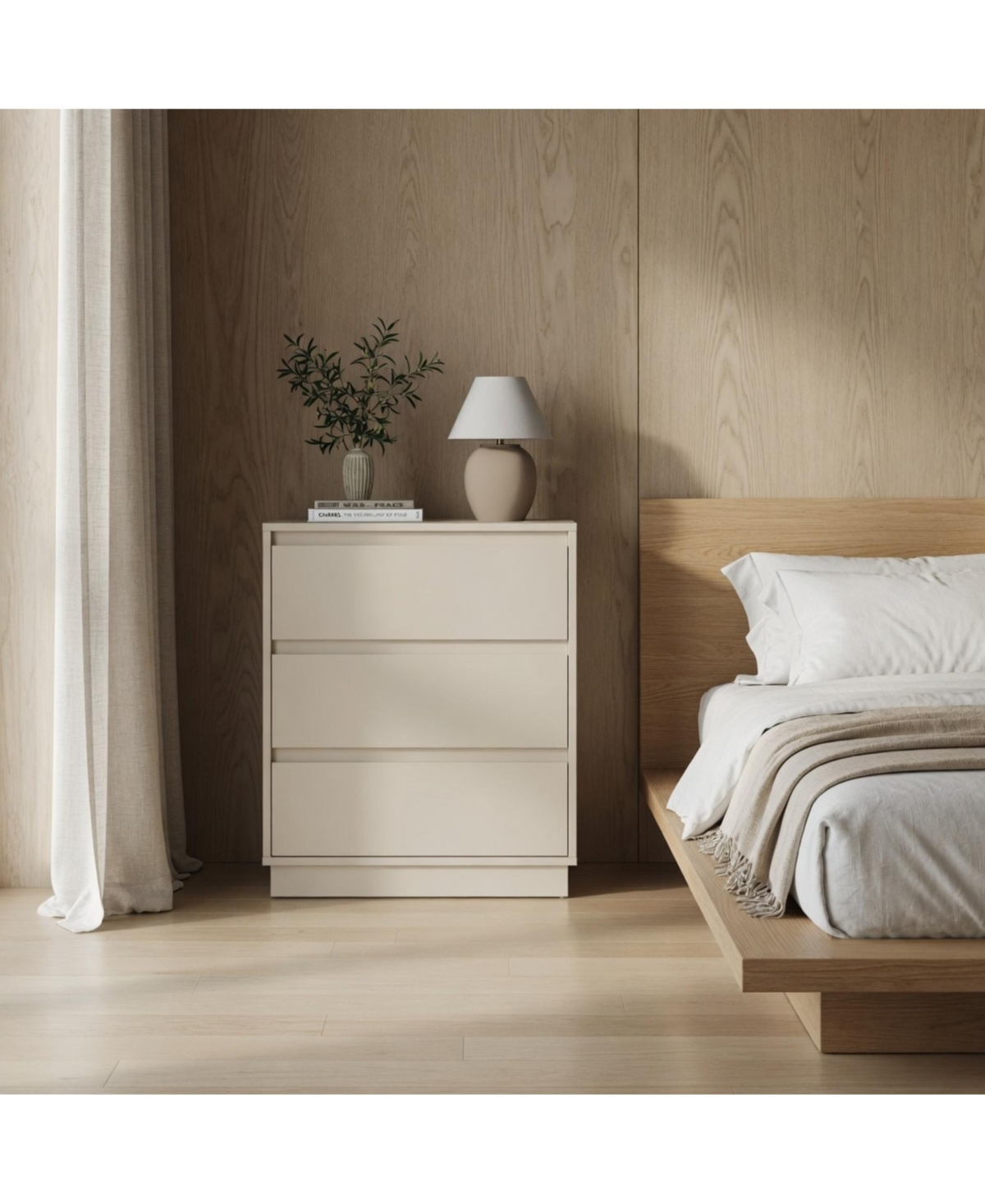 Flynama 23.6" Wide 3 Drawer Modern Nightstand, Beige Storage Bedside Table with Soft Close Drawers