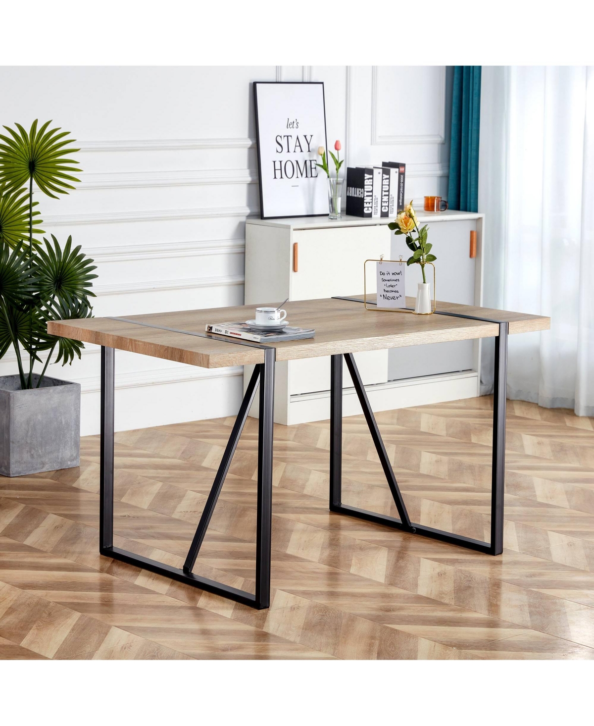 Flynama Rustic Industrial Dining Table with Thick Wood Top and Metal Legs