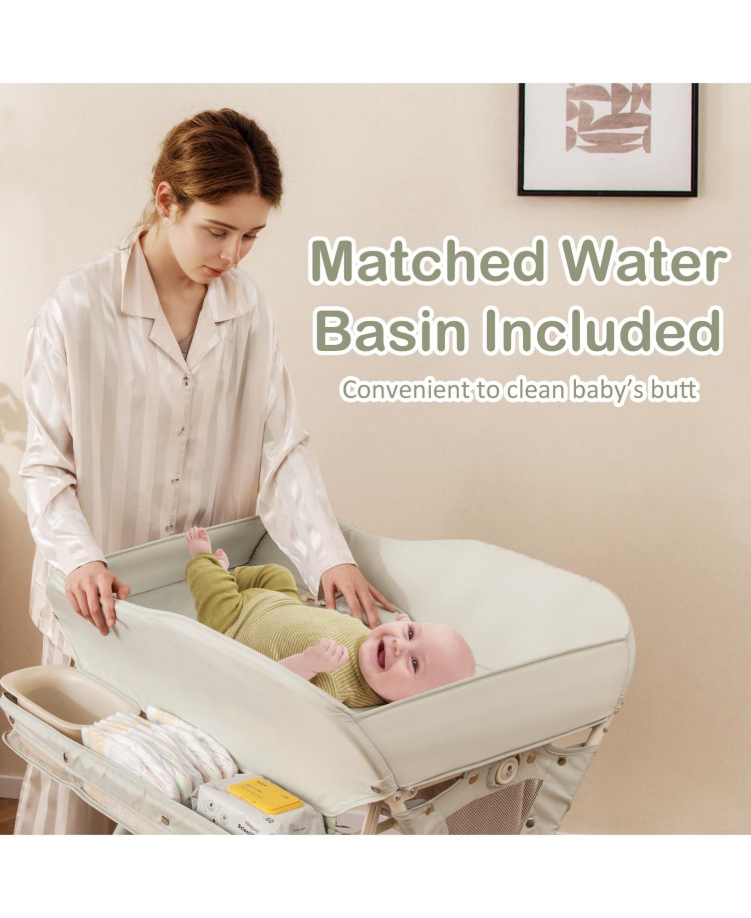 Portable Baby Changing Table with Water Basin and Rolling Wheels for Nursery