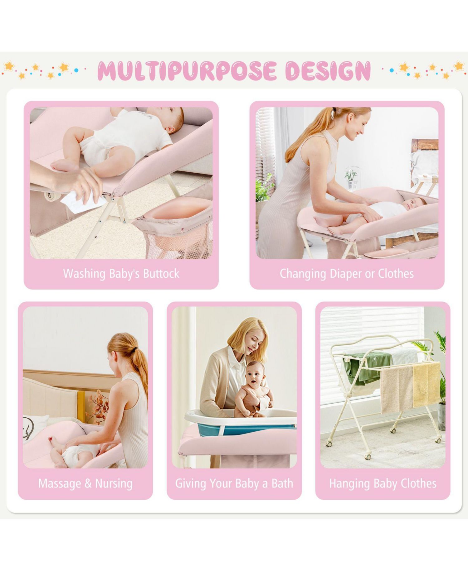 Portable Baby Changing Table with Water Basin and Rolling Wheels for Nursery