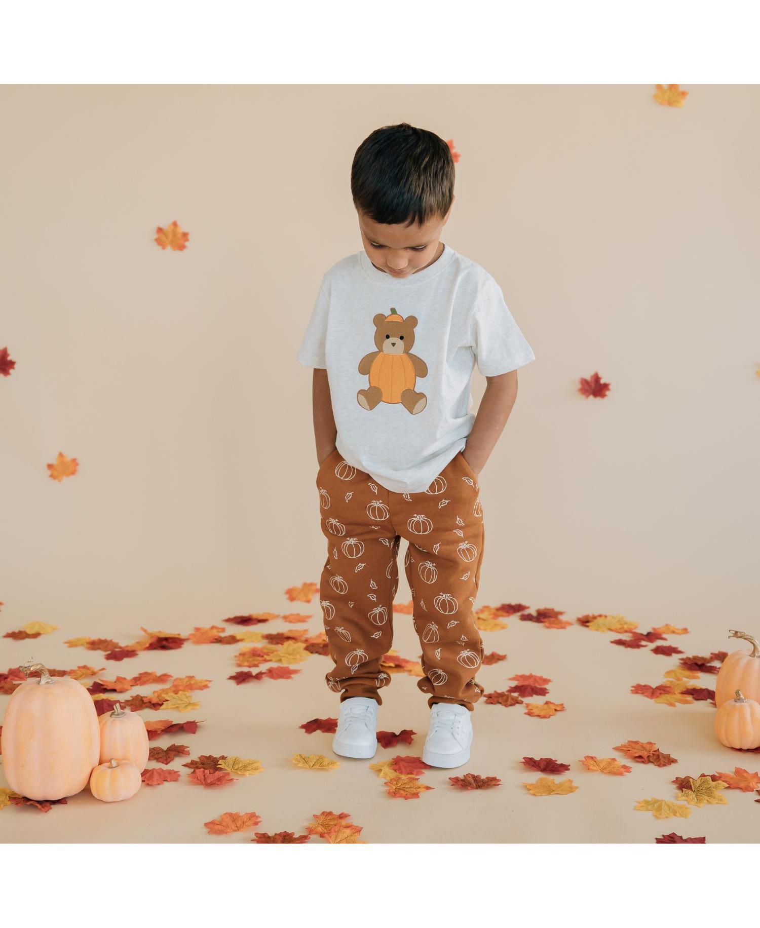 Little Boys Pumpkin Teddy Bear Patch Short Sleeve T-Shirt