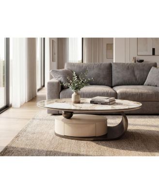  Modern Marble Glass Oval Coffee Table with Drawer and Storage