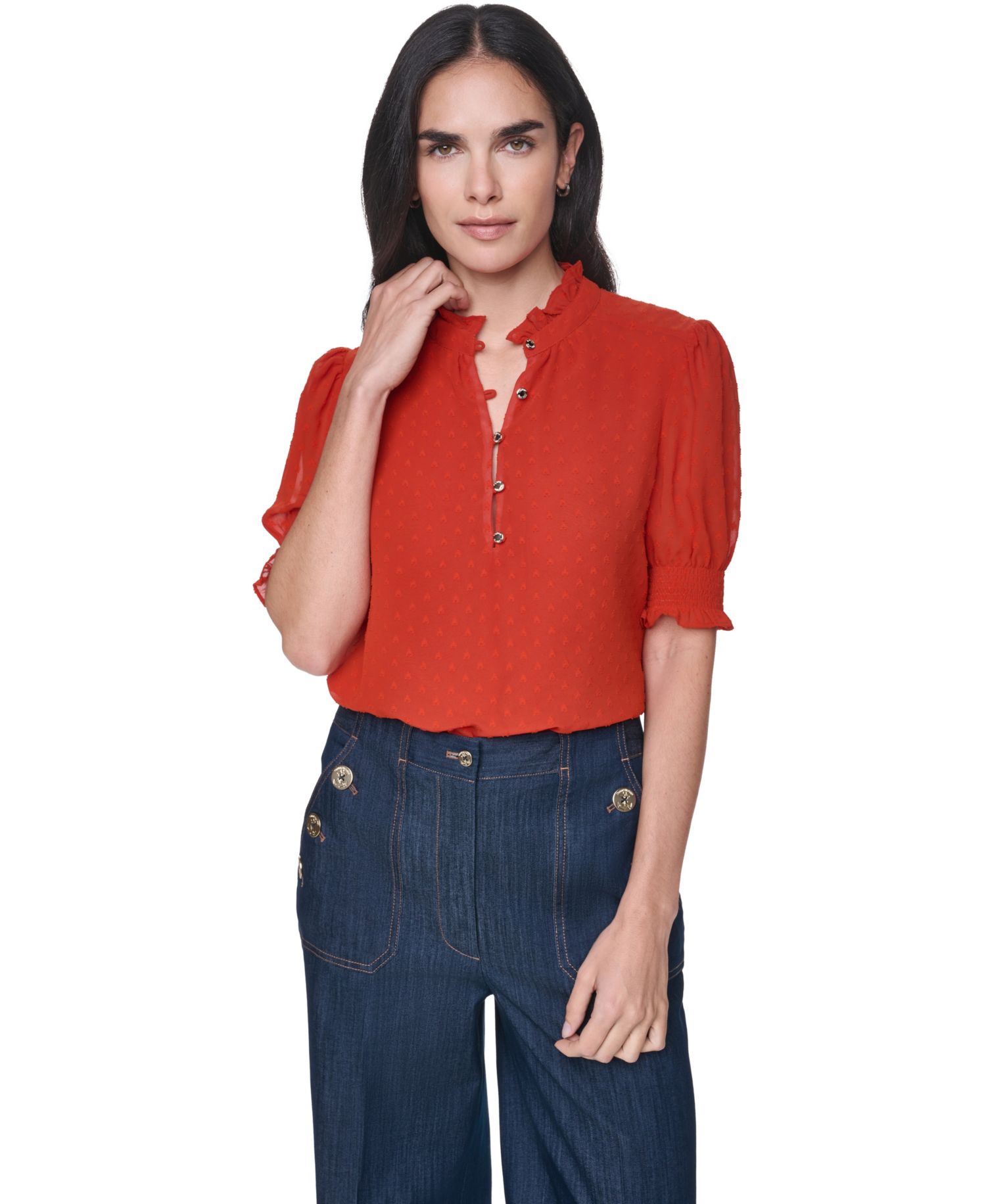 Women's Mock Neck Short-Sleeve Dot-Print Blouse