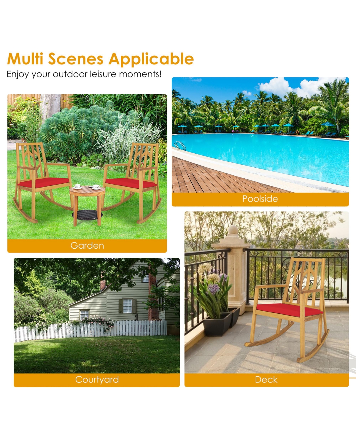 Costway 2 Piece Patio Rocking Chair Acacia Wood Armrest Cushioned Sofa Garden Deck