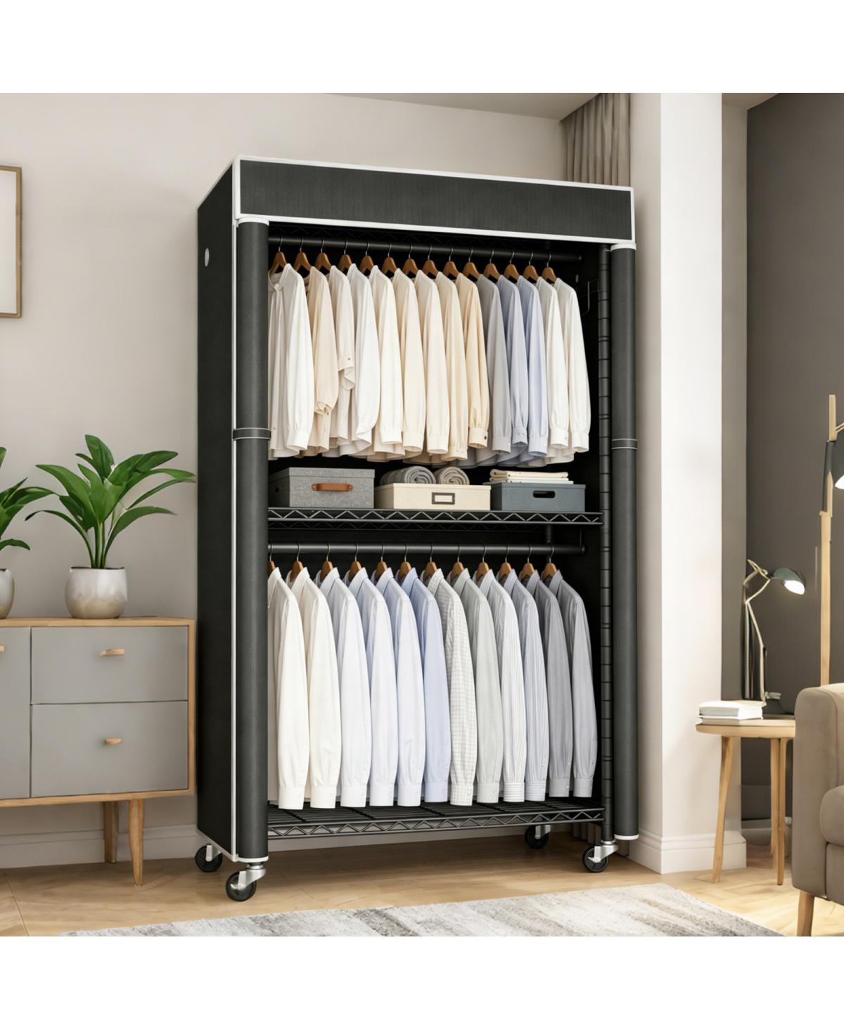 Streamdale Furniture Freestanding Garment Rack with Cover, Storage Shelf and Wheels