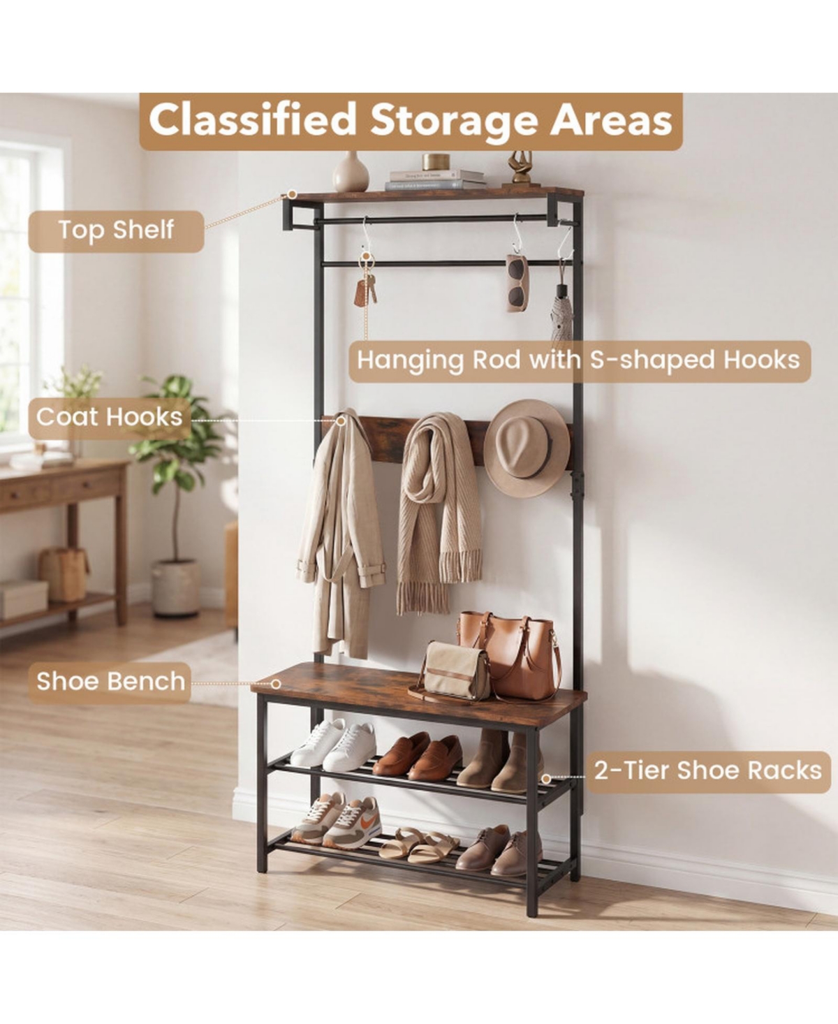 Sugift 4-in-1 Hall Tree with Shoe Bench Hanging Rod and Removable Hooks