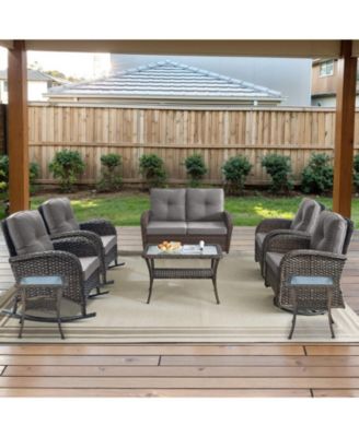 8-Piece All-Weather Outdoor Wicker Backyard Family Conversation Set with Glider Loveseat, Rocking Chairs, Swivel Chairs and Tables