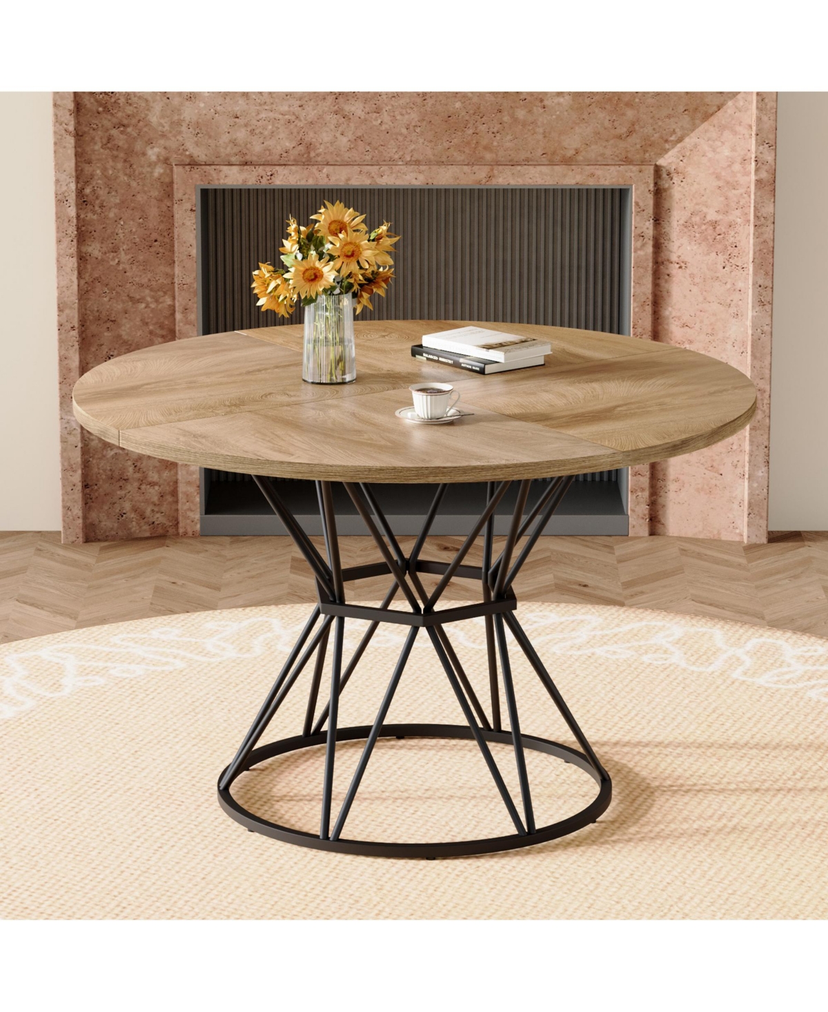 Flynama 47.3 Inch Light Wood Grain Round Dining Table with Hourglass Metal Bracket for 4-6 People