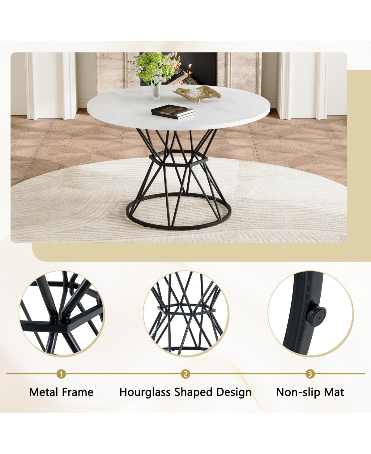 Flynama 47.3 Inch Marble Mdf Round Dining Table, Modern Industrial Hourglass Metal Bracket Table for 4-6 People