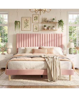 Velvet Upholstered Platform Bed Frame with Adjustable Headboard, Vertical Channel Tufted, Strong Wooden Slats, No Box Spring Needed