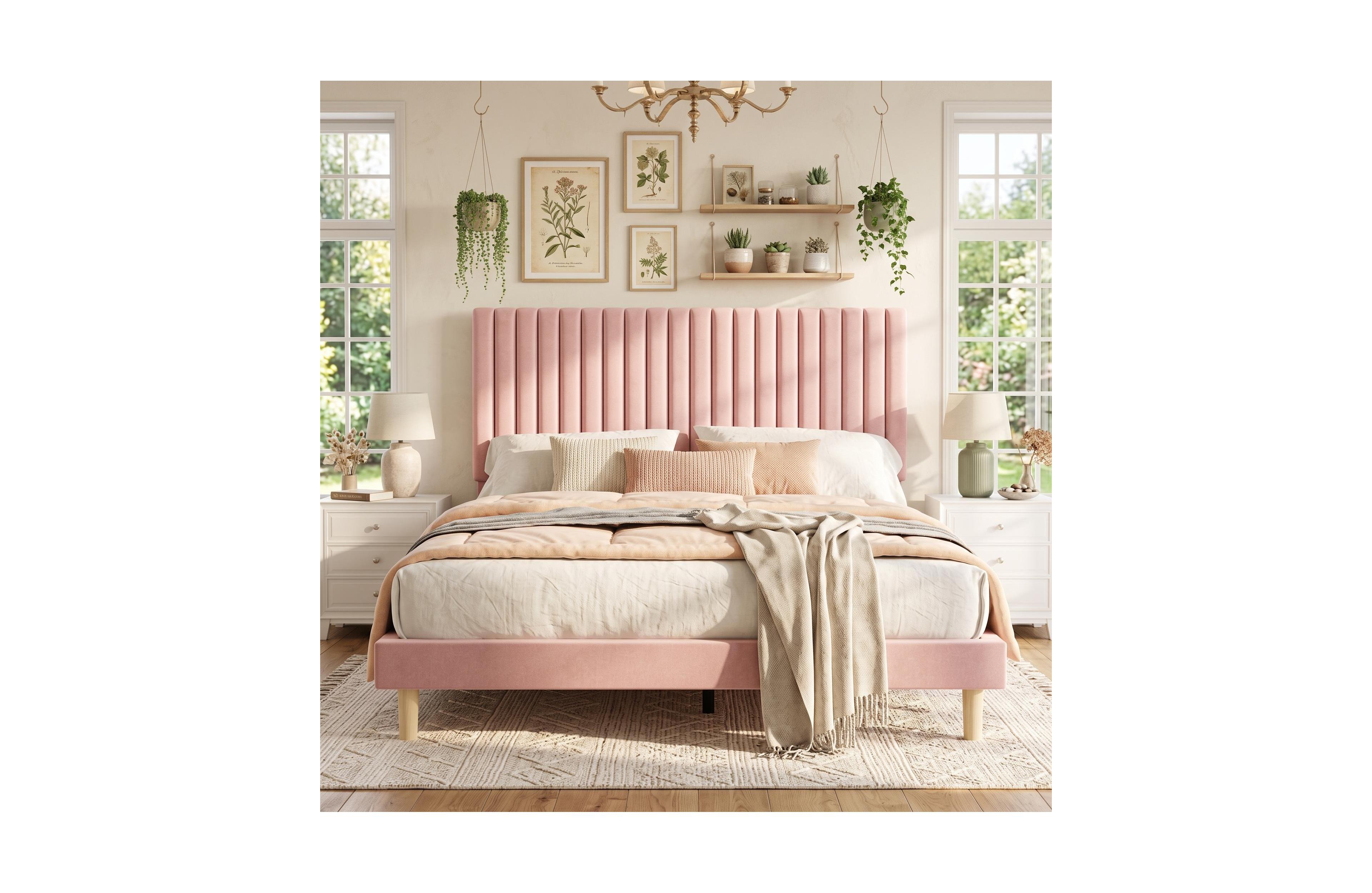 Gaomon Velvet Upholstered Platform Bed Frame with Adjustable Headboard, Vertical Channel Tufted, Strong Wooden Slats, No Box Spring Needed