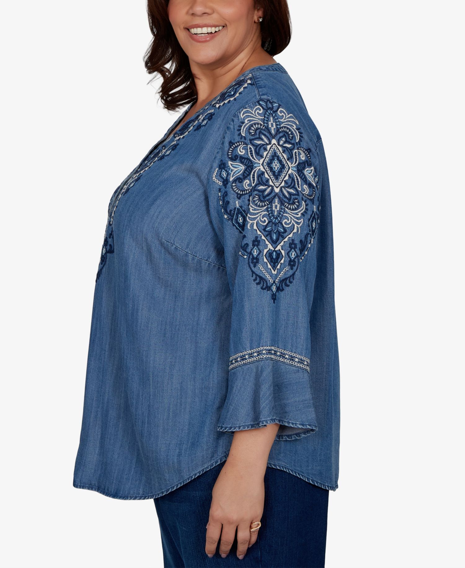 Plus Size Embroidered Henley Denim Blouse