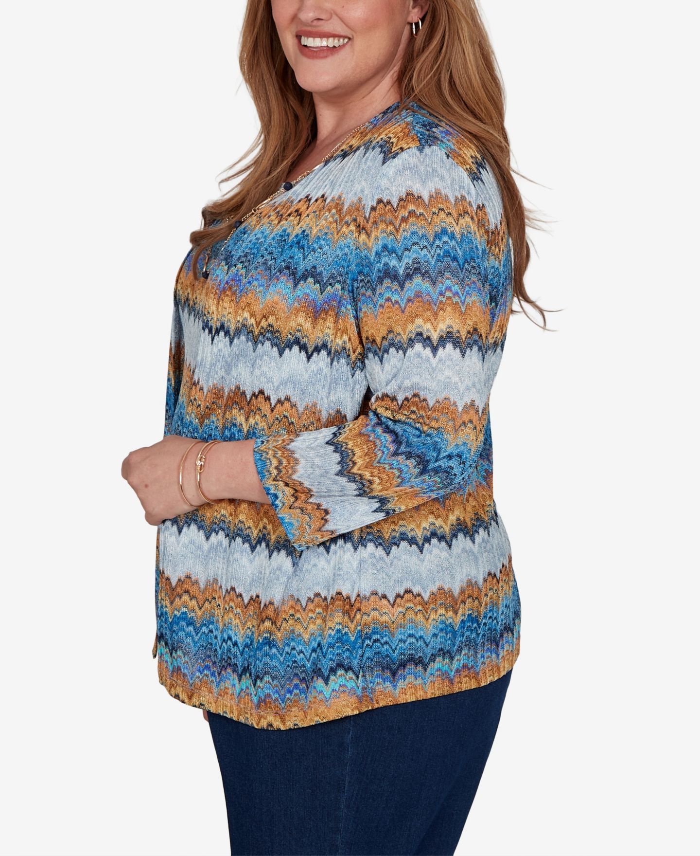 Женский топ Alfred Dunner Plus Size 3/4-Length Sleeve Scoop Neck Two-Piece Look Knit, цвет: Синий разноцветный — фото 4