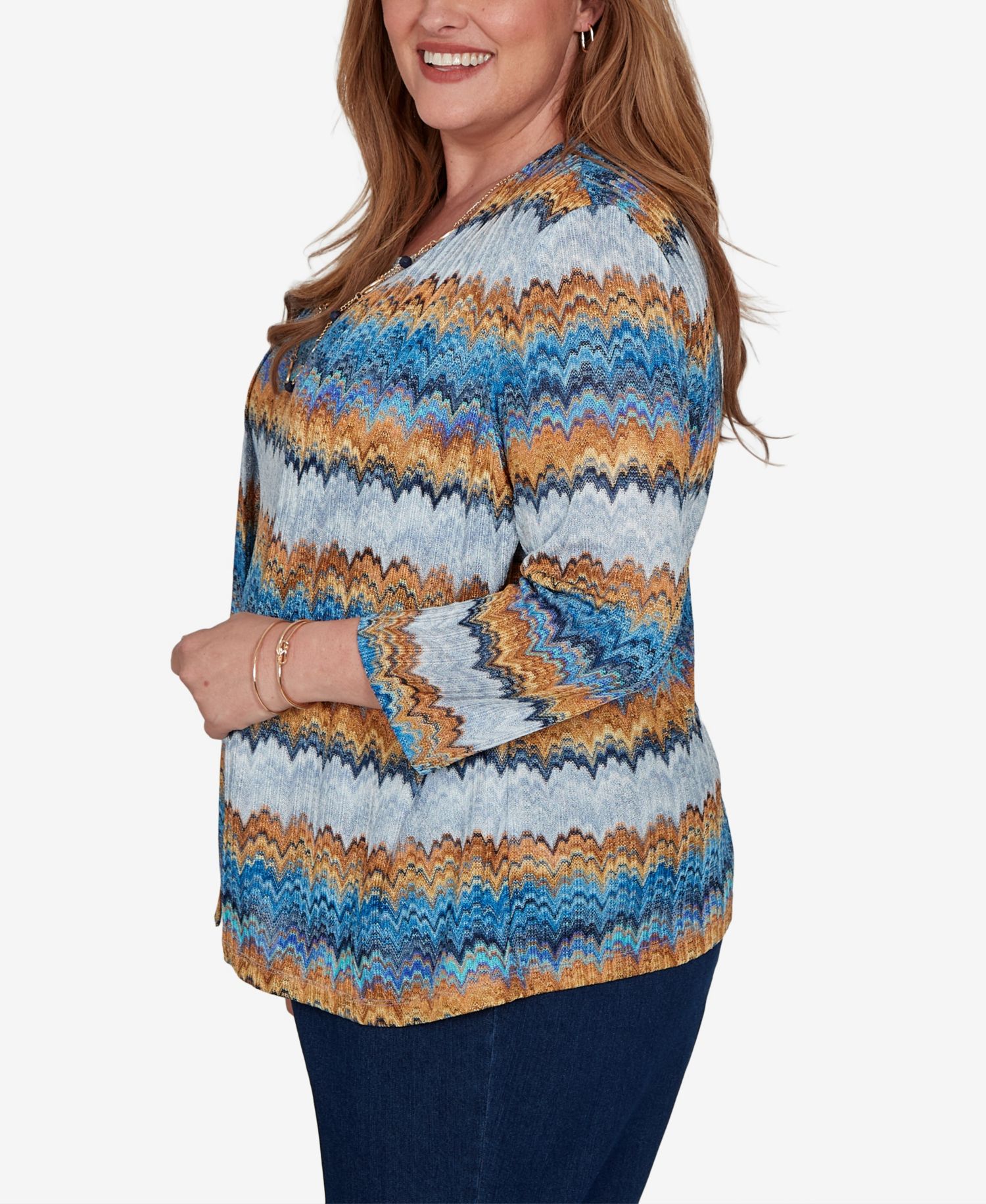 Plus Size 3/4-Length Sleeve Scoop Neck Two-Piece Look Knit Top