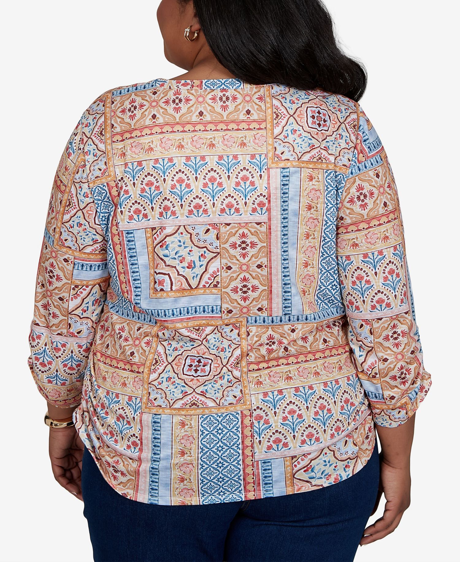 Plus Size 3/4-Sleeve Patchwork-Print Blouse