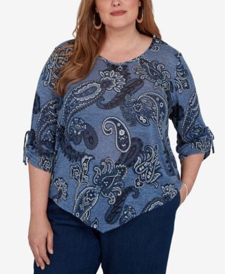 Plus Size V-Neck 3/4-Sleeve Asymmetric Hem Blouse
