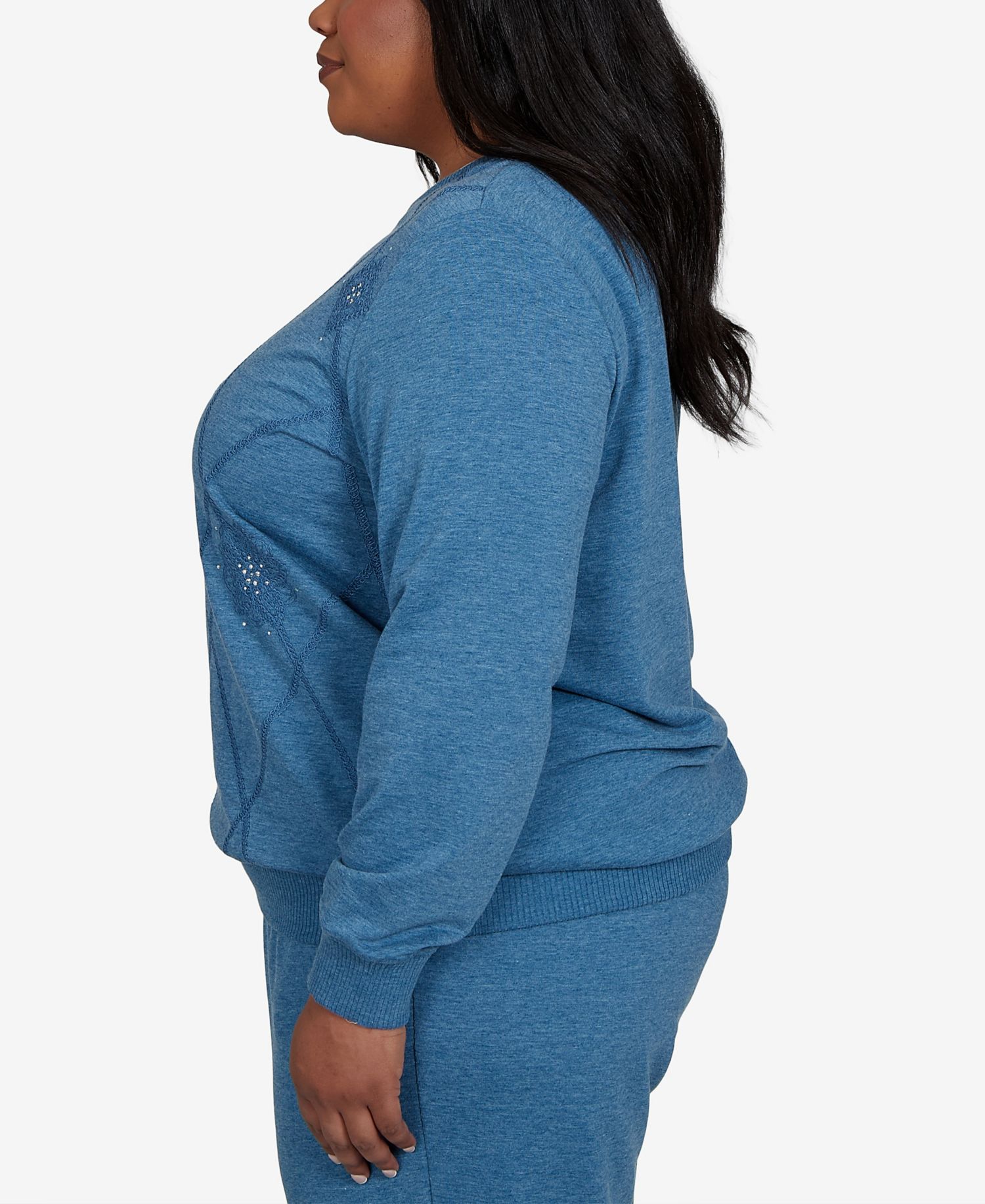 Plus Size Crewneck Long-Sleeve Argyle With Rhinestone Embellishments Top