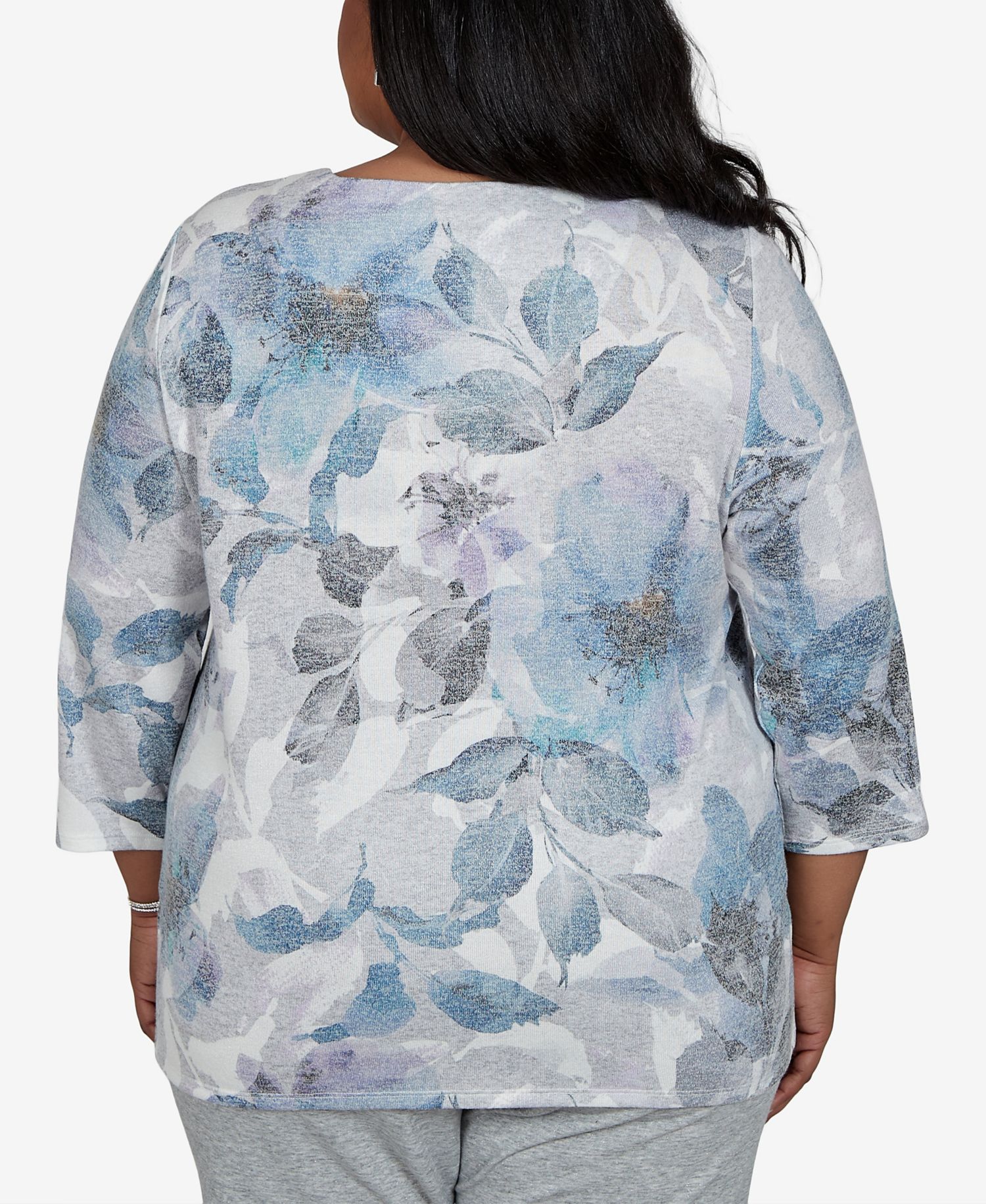 Plus Size Floral-Print 3/4-Sleeve T-Shirt